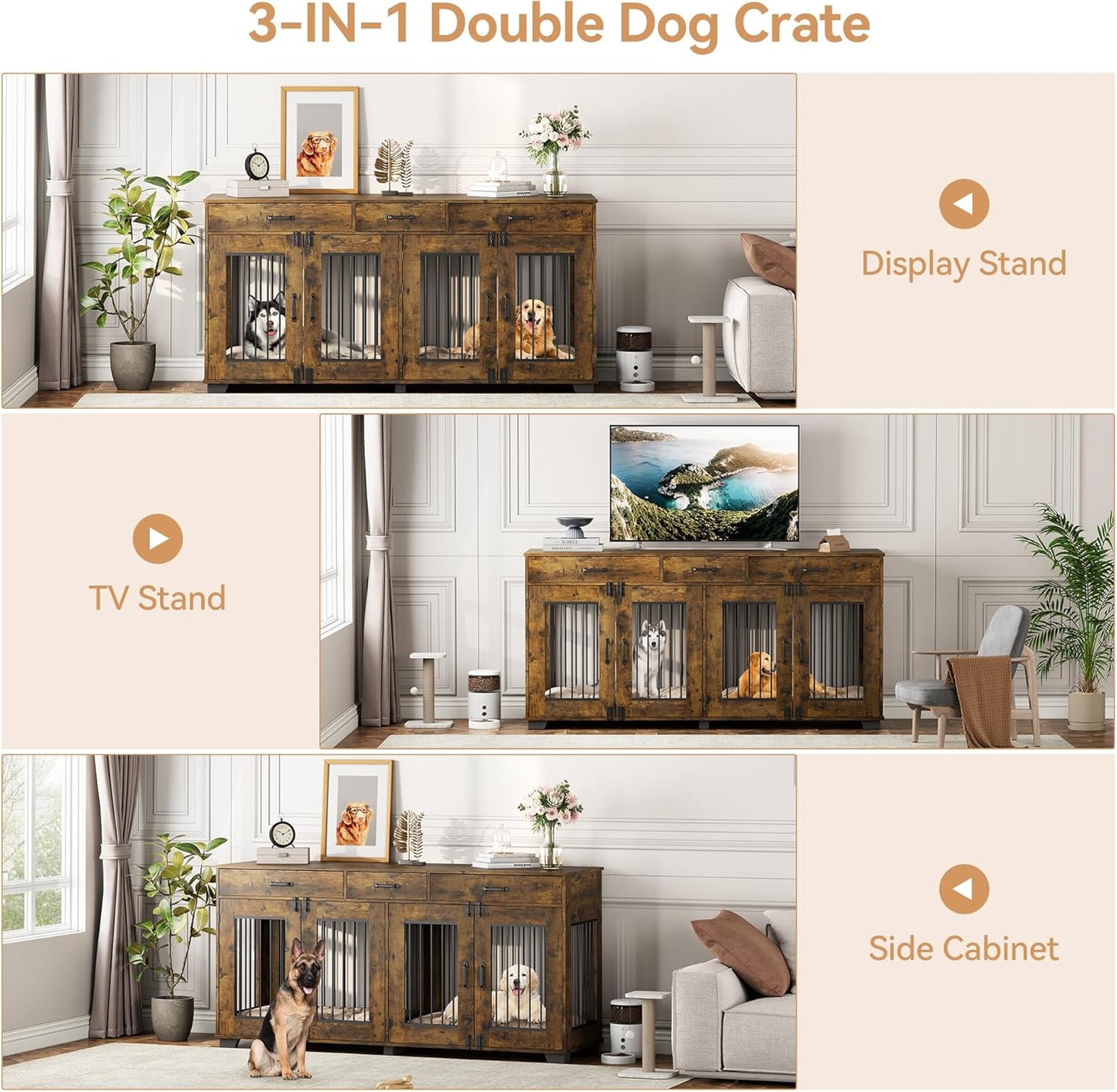 71'' Dog Crate Furniture, Wooden Indoor Dog Kennel for 2 Dogs with 3 Drawers and Removable Room Divider, XXL Double Dog Crate TV Stand End Table with Double Doors for Large Medium Dogs, Rustic Brown