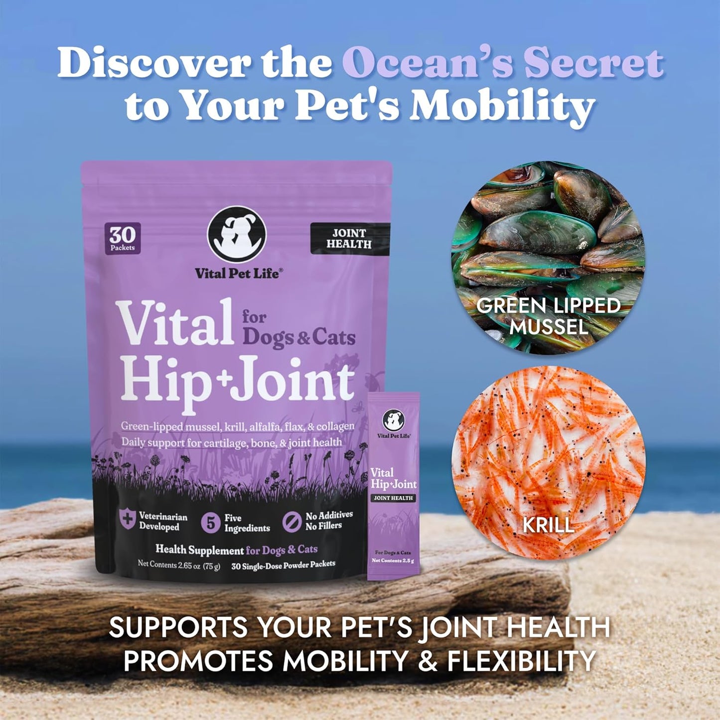 Vital Hip & Joint Supplement for Dogs and Cats - Dog Joint Supplement, Mobility Support, Inflammation Defense, Green Lipped Mussels, Krill, Collagen for Dogs, Veterinarian Developed, 30 Packets