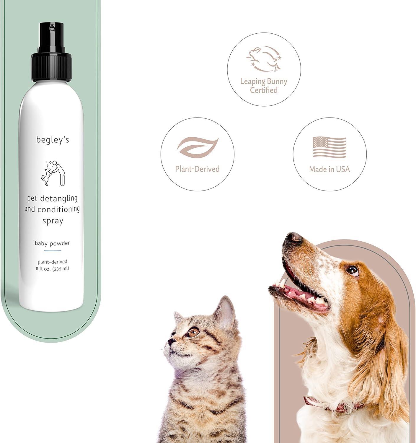 Begley's Pet Detangling Spray - Premium Essential Oil Scented Detangler Spray for Dogs, Puppies & Cats - Dog Leave in Conditioner Spray - Dematting Spray for Dogs & Pets - 8 oz, Baby Powder