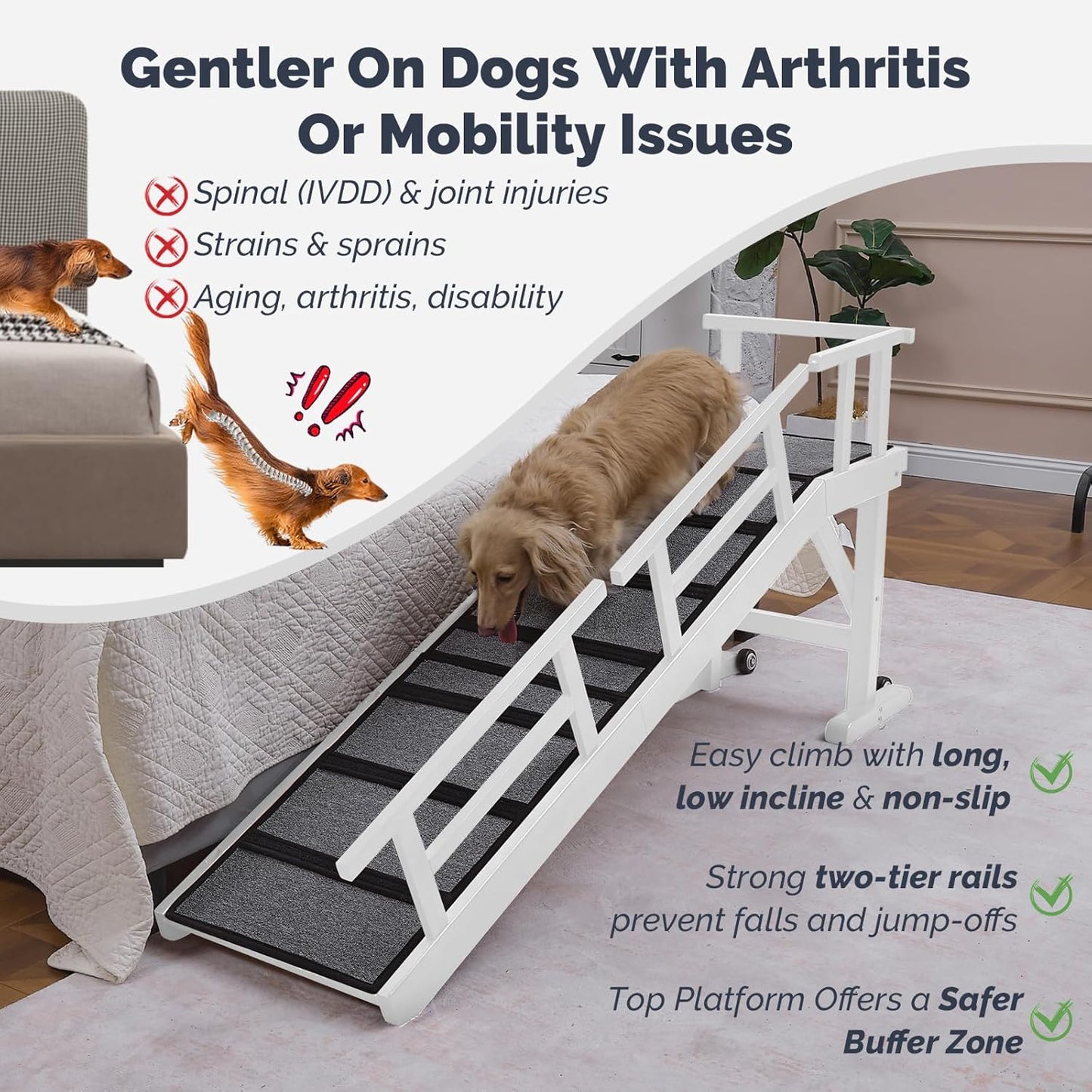 Dog Ramp for Bed or Couch, Wooden Pet Ramp with 20° Gentle Slope, Removable Side Rails, Non-Slip Surface, Top Platform & Wheels, Safe Bed Ramp for Small, Medium & Senior Dogs, 60" Long, White