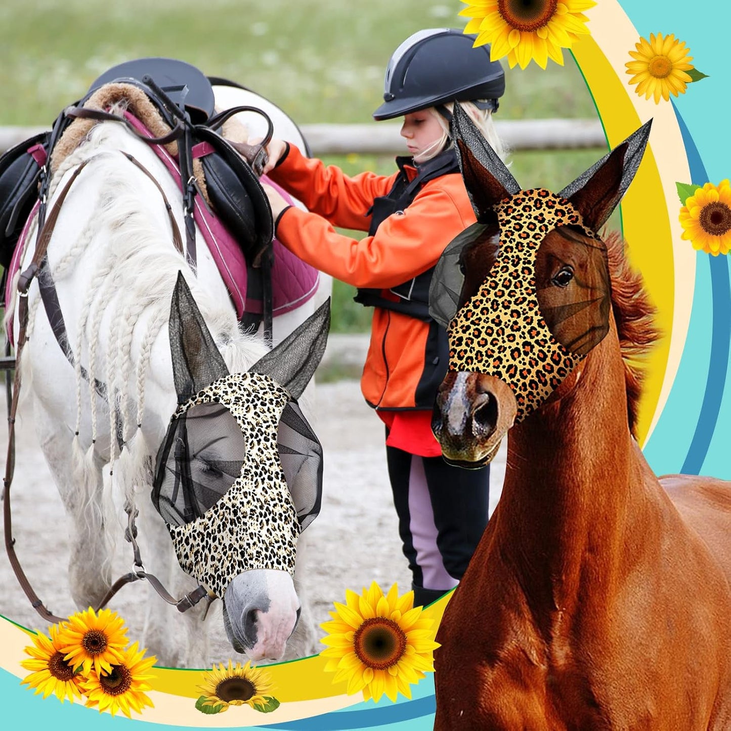 Chunful 6 Pcs Horse Fly Masks with Ears Smooth and Comfortable Cashel Mesh Fly Mask Elasticity Breathability UV Protection Horse Face Covering for Riding Supplies(Leopard,Large)