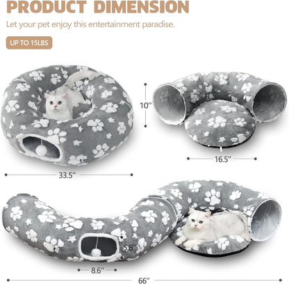 Cat Tunnel for Indoor Cats, Cute Peekaboo Cave with Dangling Balls, Pet Donut Tunnel Bed with Circle Mat for Puppy Kitten Rabbit, Grey