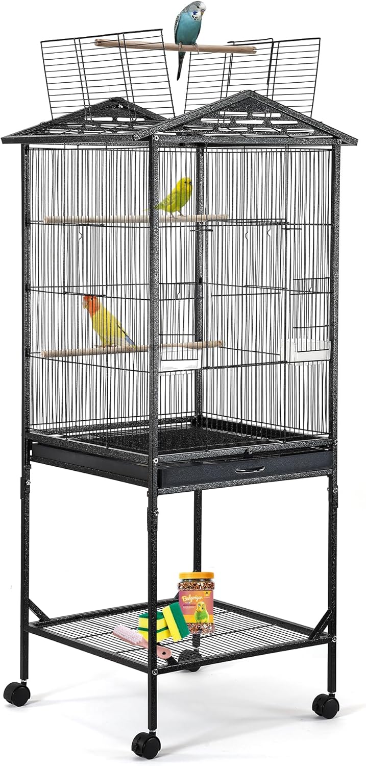 Bird Cage 47 inch Wrought Iron Parakeets Cage with Play Open Top and Rolling Stand Medium Small Bird Cage for Parrots, Budgerigars, Parakeets, Cockatiels, Lovebirds