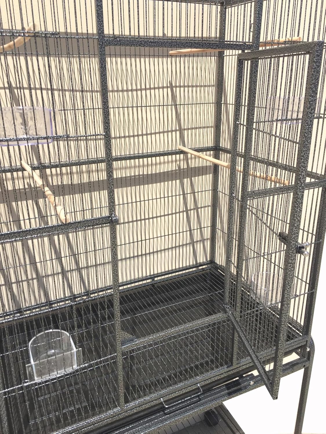 64" Extra Large Double Flight Bird Wrought Iron Double Cage Slide Out Center Divider Side Nesting Box Door Parrot Cage Cockatiel Conure with Removable Rolling Stand Storage Shelf