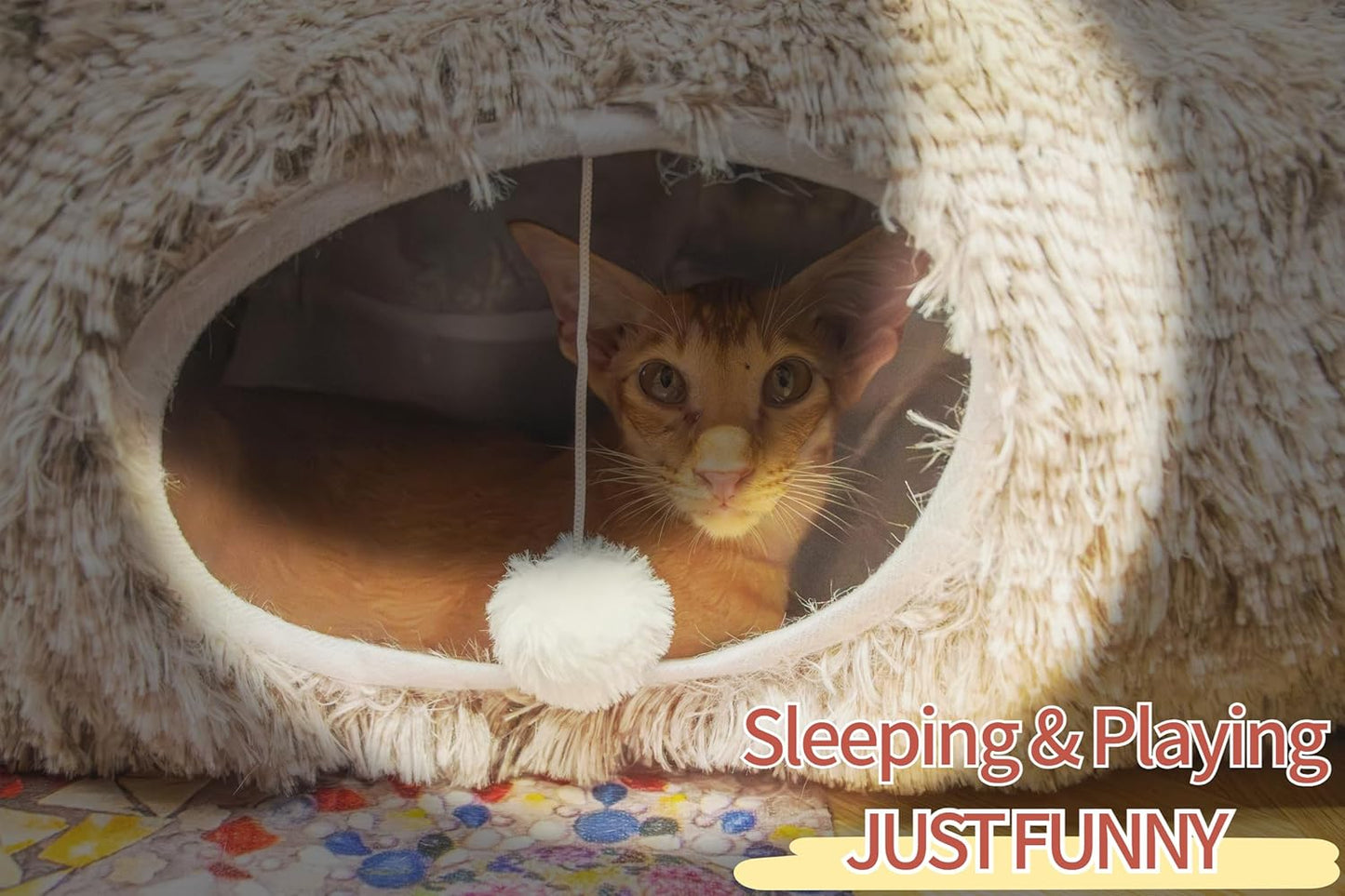 XxingSheep XL Cat Tunnel with Bed for Indoor Cats Peekaboo Cat Cave Donut Toy with Warm Mat,Yellow-Brown
