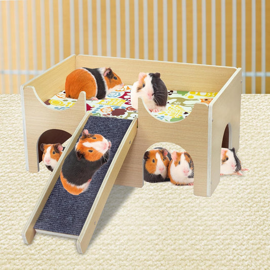 Large Guinea Pig Hideout, Sturdy Wooden Guinea Pig House, Small Animal Toys Accessories Bed Hut Habitats with Ramp and Mat, Easy to Install for Hamsters Bunny Rabbit Playing Hiding
