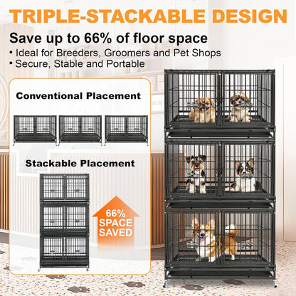 Homey Pet 4 Pack Three Tiers 43 inch Dog Crate with Wheels, Stackable Heavy Duty Indestructible Steel Dog Cage Kennel Indoor with Detachable Divider, Tray, Bowls, Escape Proof Locks