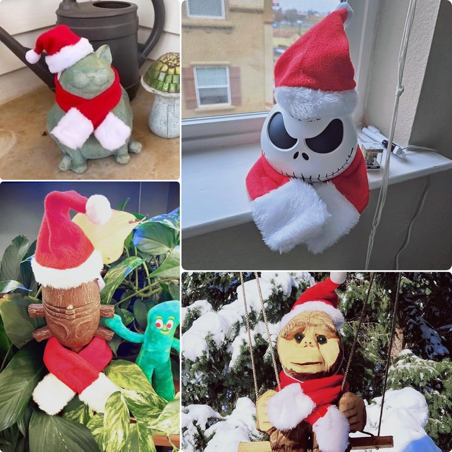 Enjoying Cat Christmas Costume, Santa Hat with Red Scarf for Cats Small Dogs, Rabbit Xmas Outfit, Pet Santa Claus Hat Scarf for Cold Day Head and Neck Warm, New Year Party Cosplay