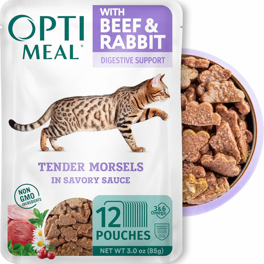 Optimeal Grain-Free Wet Cat Food Pouches – Beef & Rabbit in Savory Gravy, High Protein & Moisture-Rich Tender Morsels, Indoor Adult Cat Wet Food with Natural European Ingredients, 3 oz (Pack of 12)