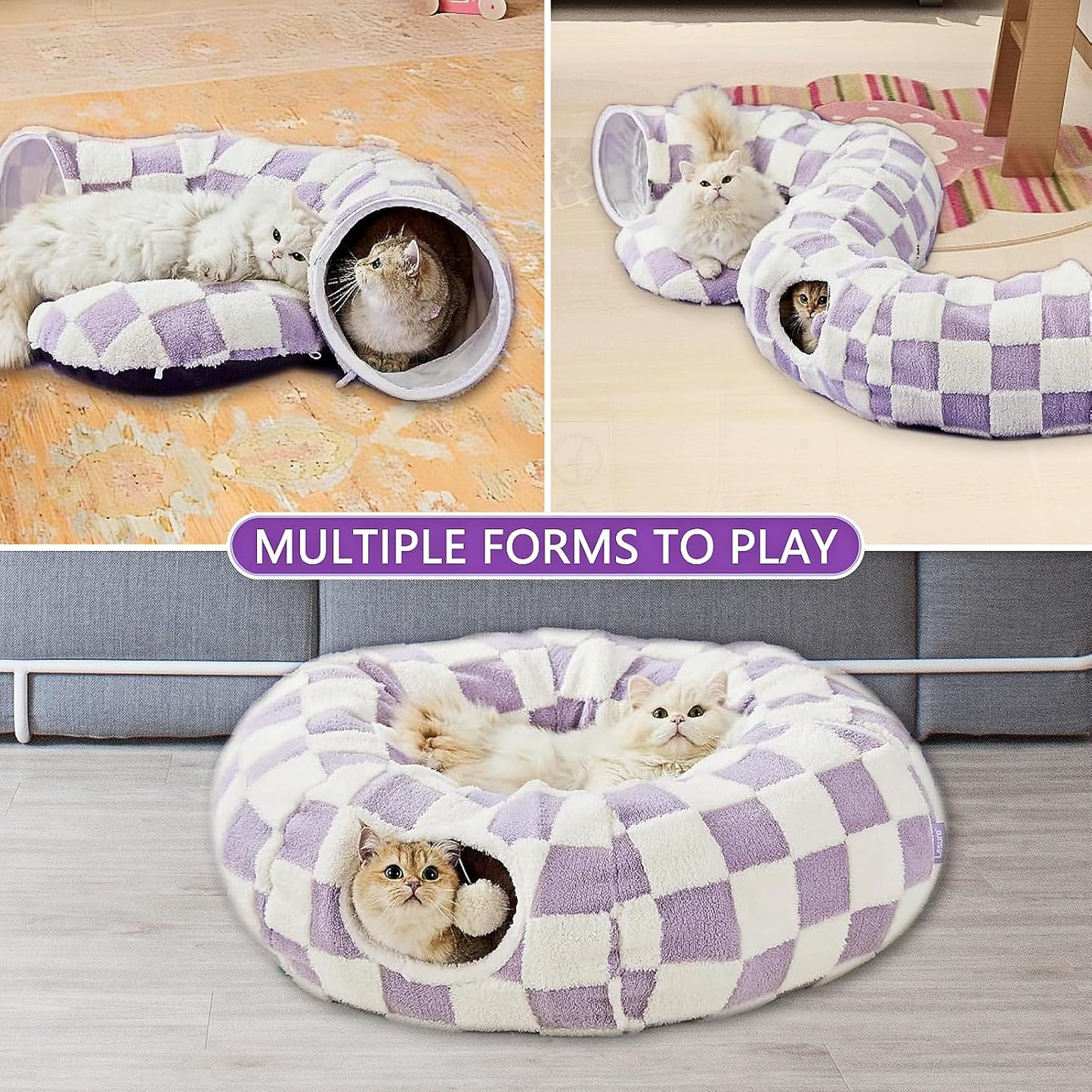 Cat Tunnel Bed with Washable Cushion for Indoor Cat, Donut Cave Tube Toys for Kitten Puppy Rabbit, Purple