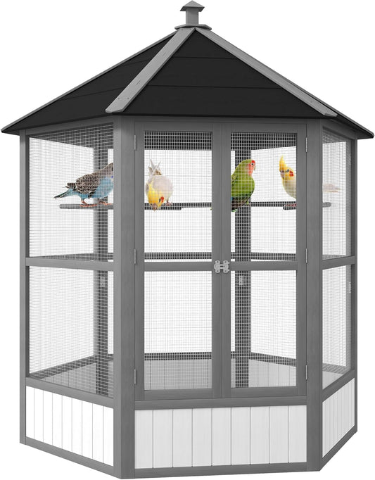 PawHut 69" Large Wooden Hexagonal Outdoor Aviary Flight Bird Cage with Covered Roof, Light Gray