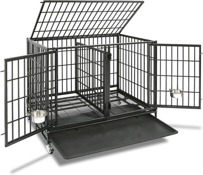 Homey Pet 43/48/37 inch Stackable Heavy Duty Dog Crate Cage on Wheels with Divider, 2X Steel Bowls, 4X Lockable Wheels, Tray, Indestructible Escape Proof Lager Dog Kennel Indoor