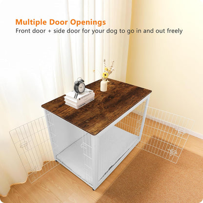 DWANTON Dog Crate Furniture with Cushion, Wooden Kennel Table with Double Doors, Indoor Dog House, Extra Large Size, 43.3" L, White+Rustic Brown