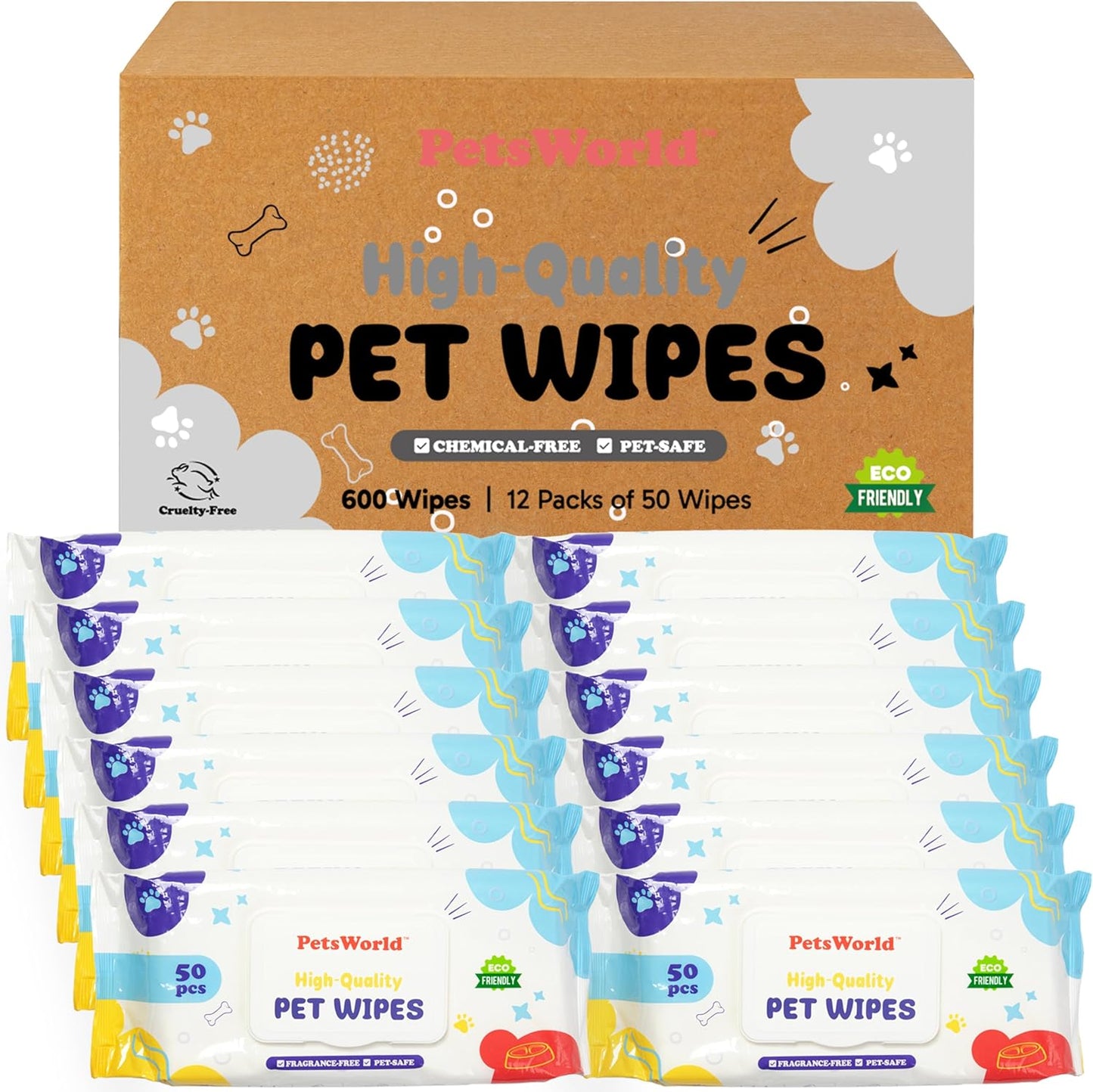 PETSWORLD Pet Wipes for Dogs & Cats, Unscented, Hypoallergenic, Chemical-Free, Biodegradable (98%), Thick & Durable, Textured Grooming Wipes (Unscented, 600 Count)