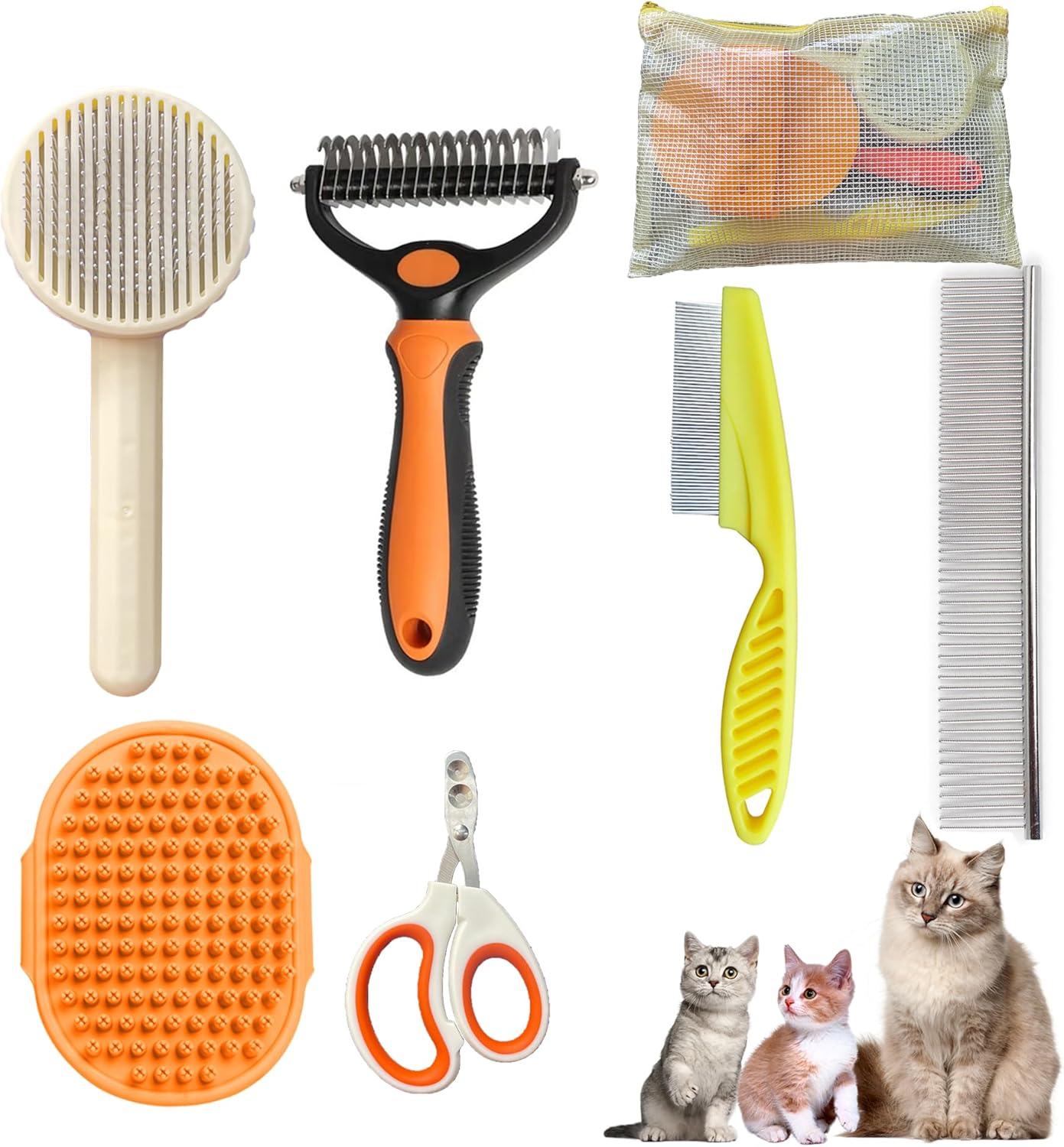 Cat Grooming Brush Kit 6 Tools - Deshedding & Dematting for Long/Short Hair, Self-Cleaning Slicker Brush with 6-in-1 Flea Comb for Cats & Kittens (Orange)