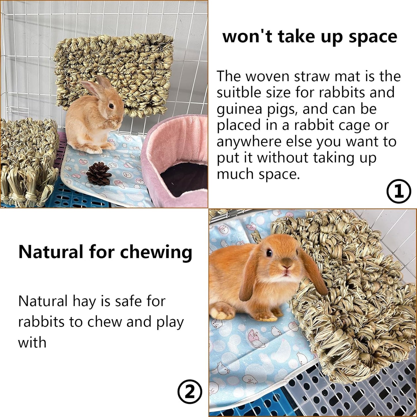 Hamiledyi Rabbit Grass Bed 2PCS Guinea Pig Hay Mat Bunny Natural Straw Woven Bed Rabbit Handmade Bedding Sleeping Grinding Nesting and Chewing Toy for Rabbit Guinea Pig Chinchilla Hedgehog Hamster