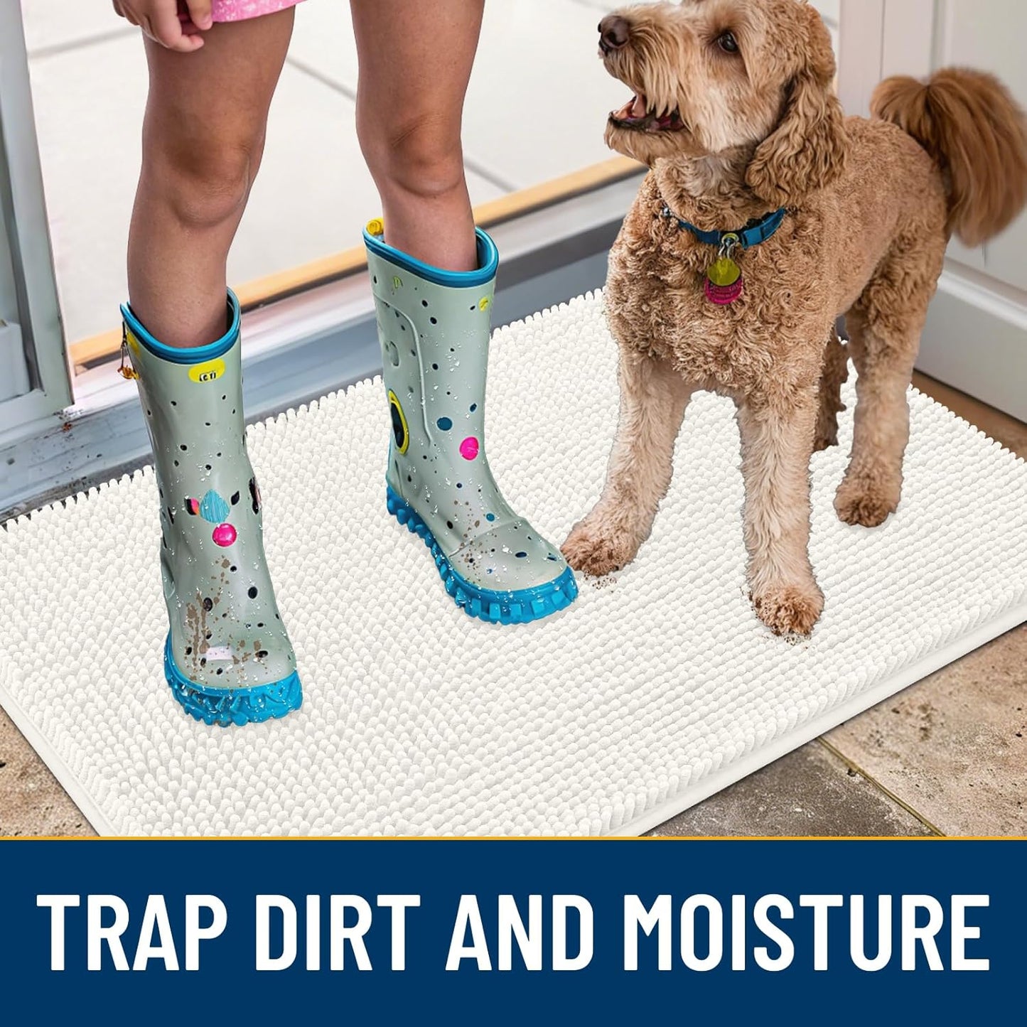 Smiry Dog Door Mat for Muddy Paws 36x24, Absorbs Moisture and Dirt Doormat, Non-Slip Washable Quick Dry Chenille Front Door Mat Indoor Entrance, Entryway Carpet for Inside Floor, Ivory