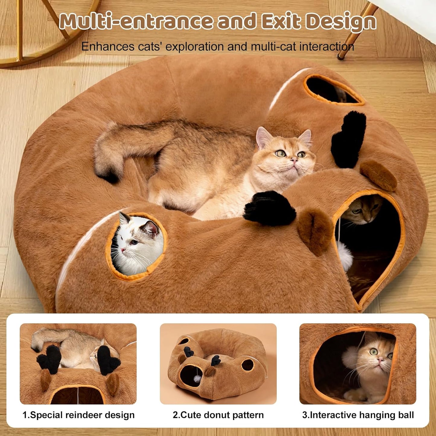 Odoland Reindeer Cat Tunnels Bed with 20 Kitten Toys for Indoor Cats, Plush Cats Couch Tunnel Bed - Kittens Cave Donut Tunnel - Detachable Soft Cat Bed and Variety Kitty Toy Set