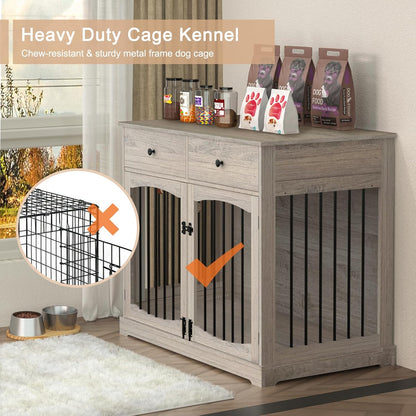 BREEZEHEAT 40 inch Dog Crate Furniture-Farmhouse Dog Kennel with Drawers-End Table Wooden Pet Crate, Double Door Design, Decorative Dog House Indoor for Small Medium Large Dog, Oak Grey