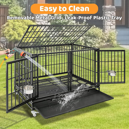 Homey Pet 43 inch Dog Crate Stackable Heavy Duty Dog Kennel Indoor Dog Grooming Cage with Detachable Divider, Removable Tray, Wheels, Feeding Bowls (2 Tiers)