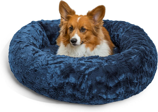 Best Friends by Sheri Original Calming Donut Dog and Cat Bed, Lux Faux Fur, Navy Blue, (30in x 30in) - Anxiety Relief for Pets Up to 45 lbs