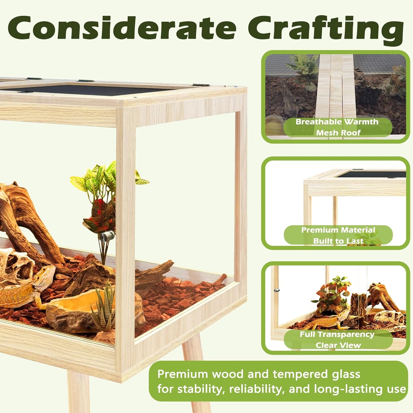 PROLEE Bearded Dragon Tank with Leg,Tempered Glass Lizard Tanks and Reptile Enclosure,Up to 78 Gallon Reptile Tank with Metal Mesh and Lockable Door for Snakes,Chameleon (Oak, 60Gallons,40inch)