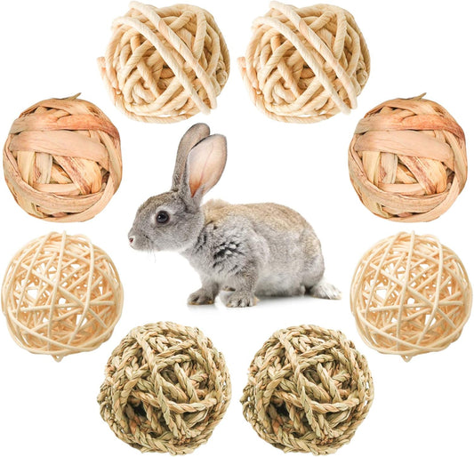 8 Pcs Small Animals Play Balls Rolling Activity Chew Toys Gnawing Treats for Rabbits Guinea Pigs Chinchilla Bunny Natural Balls, Pet Cage Entertainment Accessories (8Pcs)