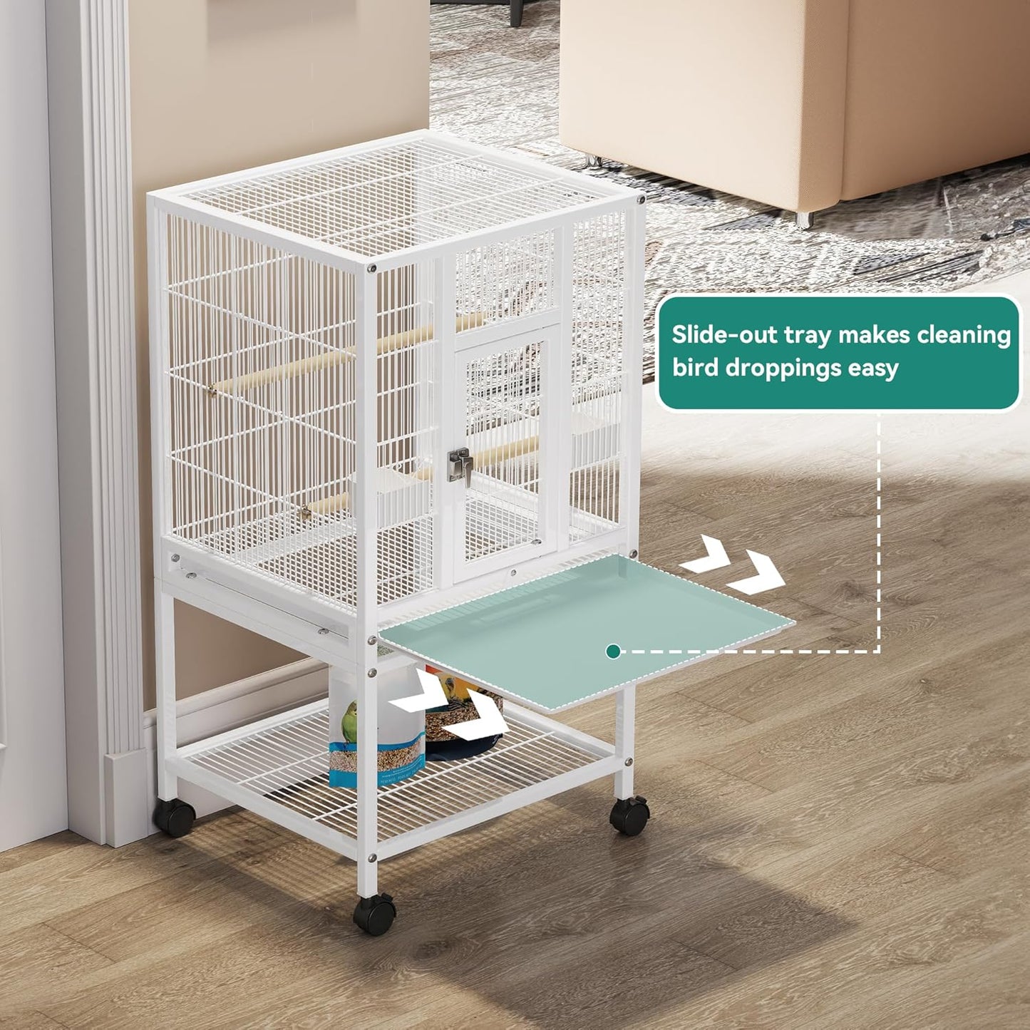 YITAHOME 41 inches Metal Bird Cage for Parakeets: Large Parrot Cages with Tray, Food Boxes, and Wooden Perches with Rolling Stand & Brakes for Lovebirds Cockatiels Pigeon Finches, White