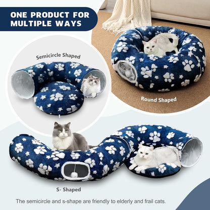 Cat Tunnel for Indoor Cats, Cute Peekaboo Cat Cave with Dangling Balls, Pet Donut Tunnel Bed with Circle Mat for Puppy Kitten Rabbit, Blue Paw