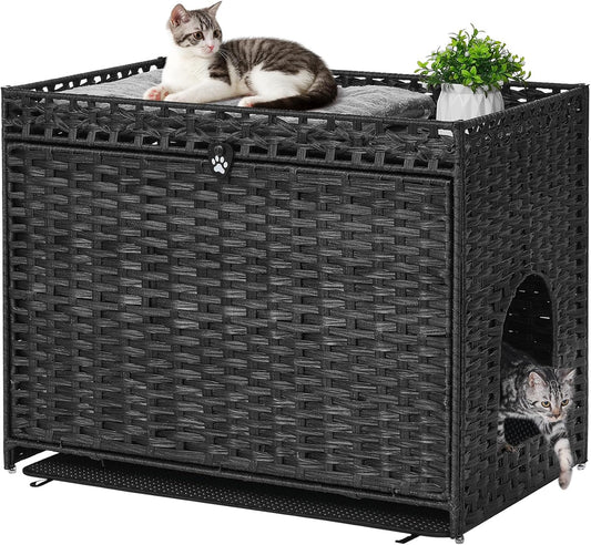 Cat Litter Box Enclosure with Soft Litter Mat; Hidden Cat Washroom Furniture with Door; Handwoven Rattan Cat House with Large Space; Pet Crate for Living Room, Bedroom, Balcony (Black)