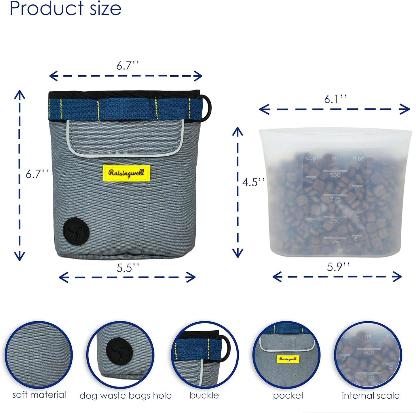 Dog Treat Pouch for Pet Walking and Training with Clicker 2 Cup Silicone Bag Small Fanny Pack Holder for Puppy Snack Dispenser Kit for Leash and Outdoor Use (Gray)