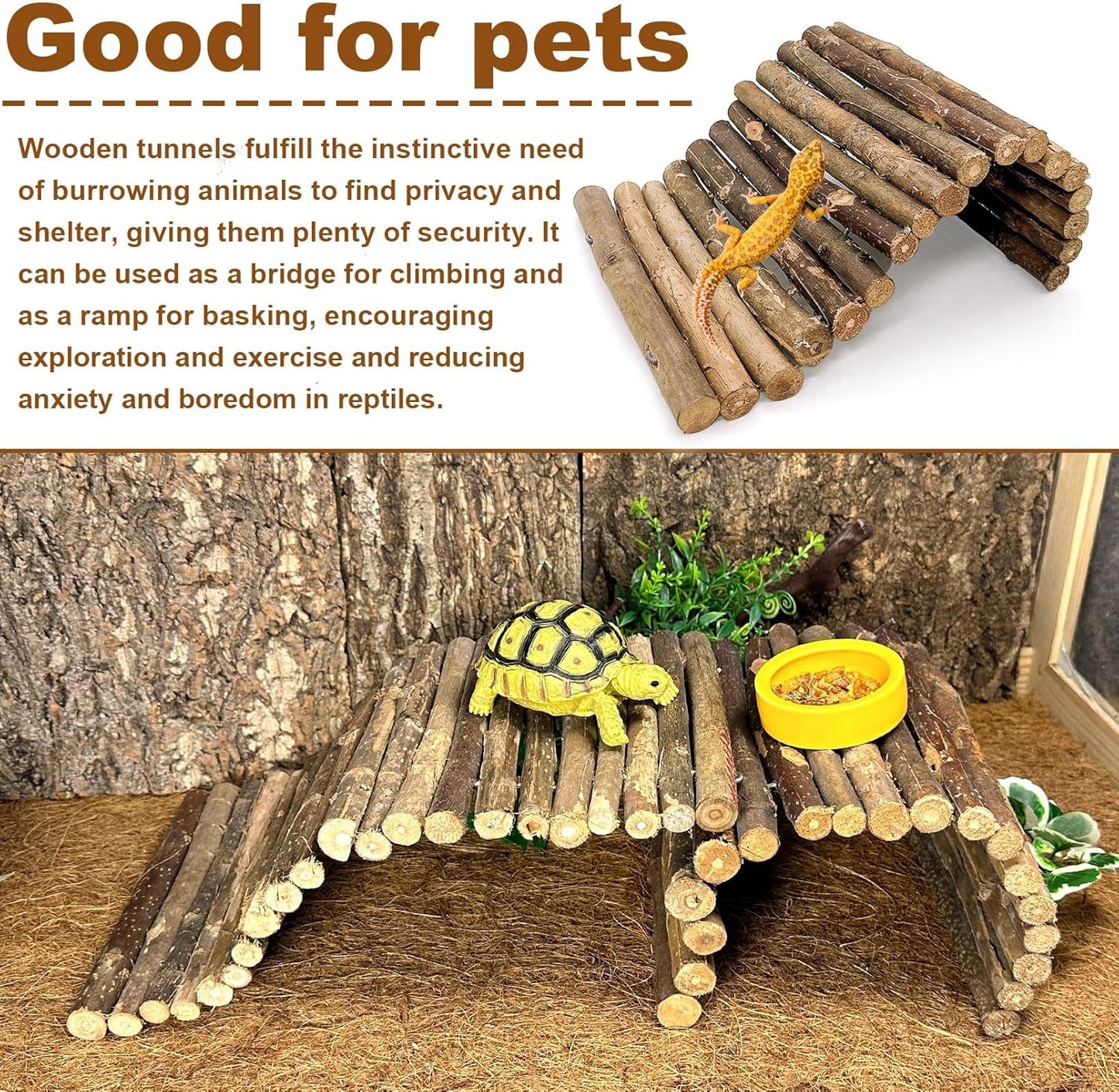 BNOSDM 2PCS Reptile Hideout Wooden Bridge 7.5"x13.4" Lizard Hide Caves Bearded Dragon Habitat Accessories for Gecko Snake Frog Chameleon Iguana Tortoise