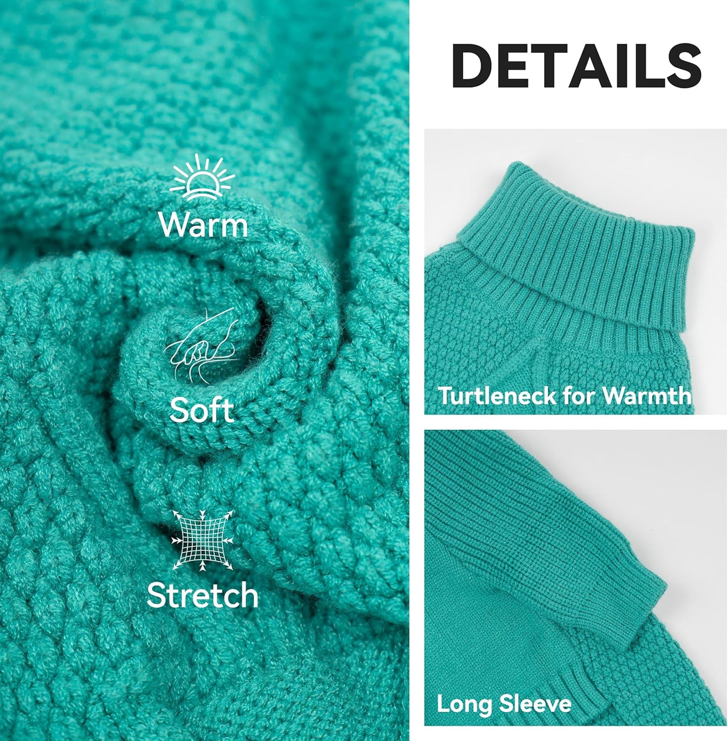 cyeollo Fleece Dog Sweaters for Medium Dogs Male, Stretchy Warm Turtleneck Doggy Clothes for Fall Winter Pullover Doggie Jacket Thermal Knit Pet Apparel with Sleeves, Aqua Green XL
