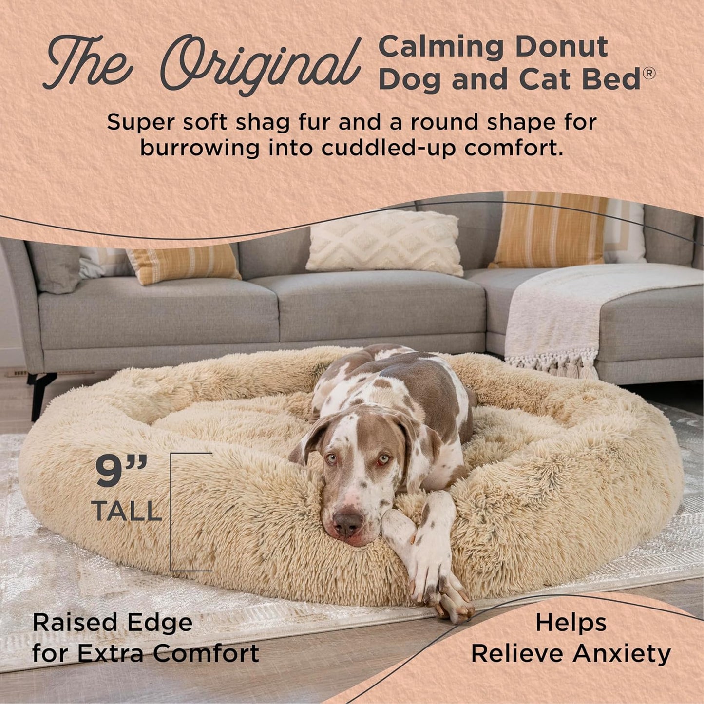 Best Friends by Sheri Original Calming Donut Dog and Cat Bed, Shag Faux Fur,Taupe, XXL (54in x 54in) - Anxiety Relief for Pets Up to 210 lbs