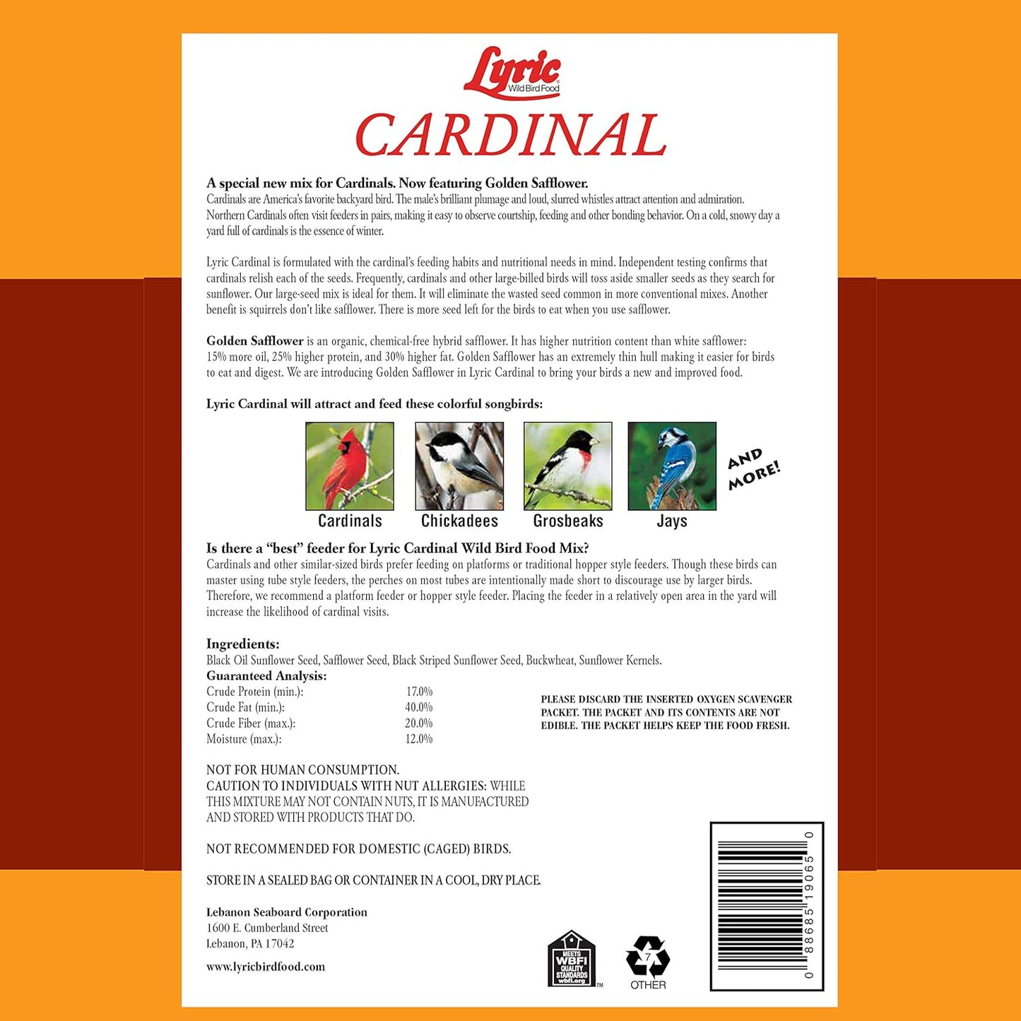 Lyric Cardinal Wild Bird Seed - Sunflower & Safflower Premium Bird Food Mix for Cardinals, Grosbeaks & Blue Jays - 3.75 lb bag