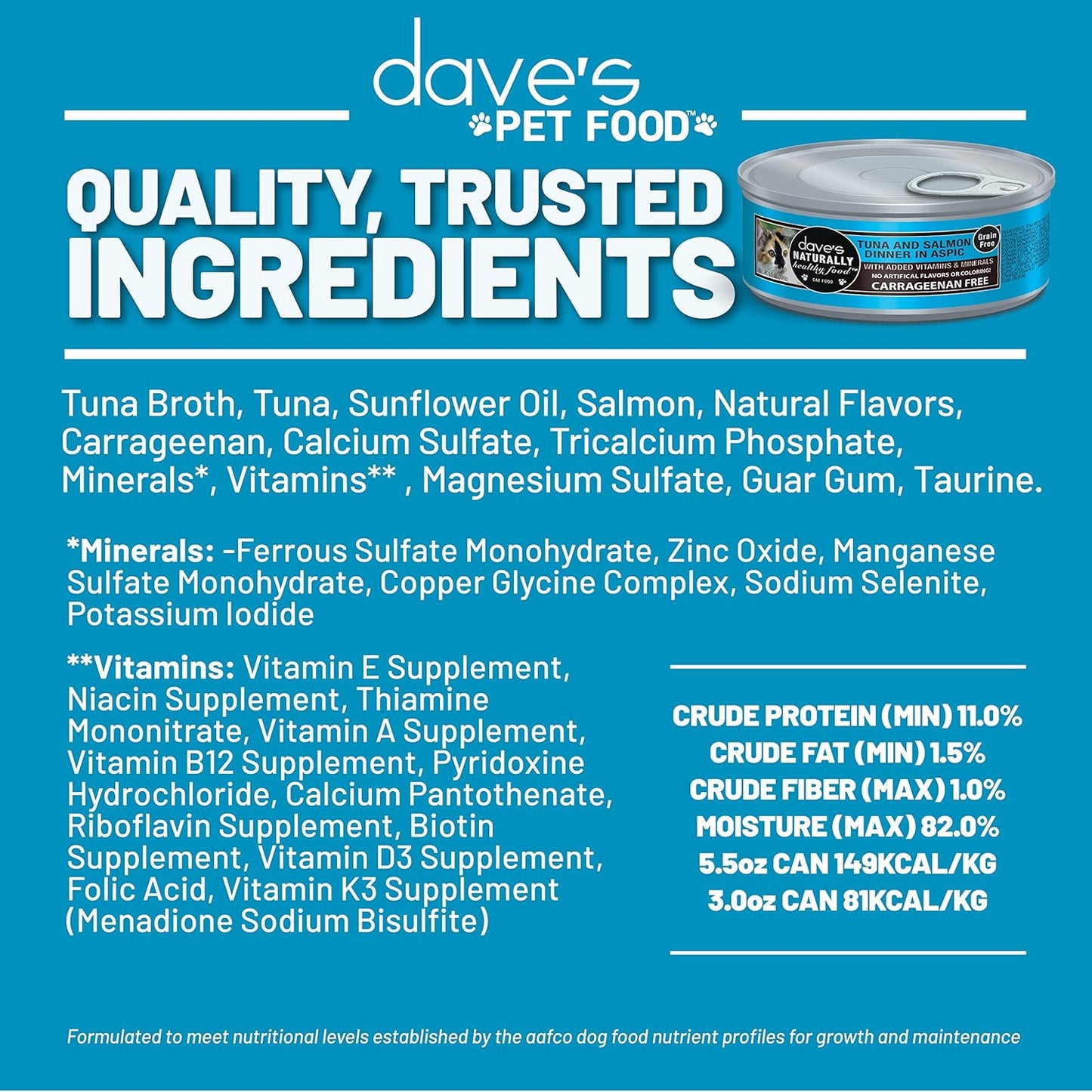 Dave's Pet Food Grain Free Wet Cat Food (Tuna & Salmon Dinner in Aspic), Naturally Healthy Canned, Added Vitamins & Minerals, 5.5 oz Cans (24 Pack