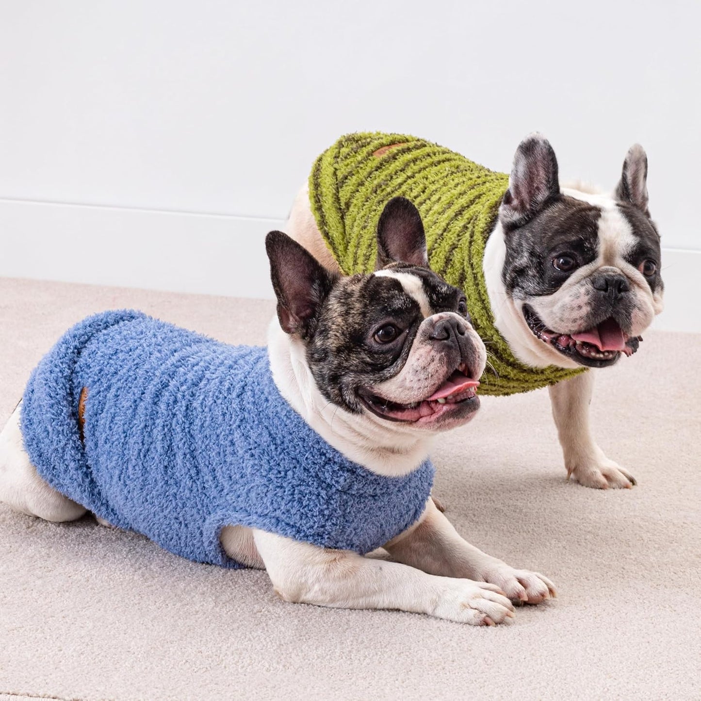 Fitwarm 2 Pack Striped Fleece Dog Sweater, Warm Winter Clothes for Small Dogs Boy Girl, Fuzzy Pet Outfit, Sky Blue, Olive Green, XL