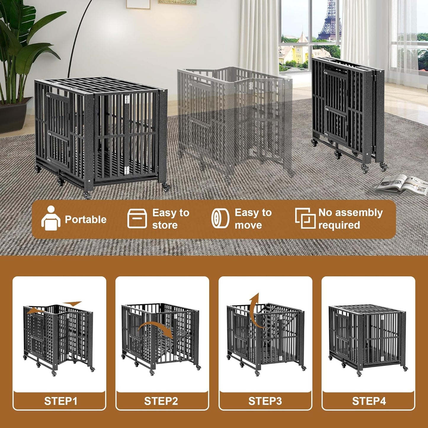 Polar Aurora Heavy Duty Dog Crate, Foldable Indestructible Dog Kennel, Escape Proof Extra Large Dog Cage with Lockable Wheels, High Anxiety Pet Playpen with Double Door for Indoor/Outdoor Use. (60in)