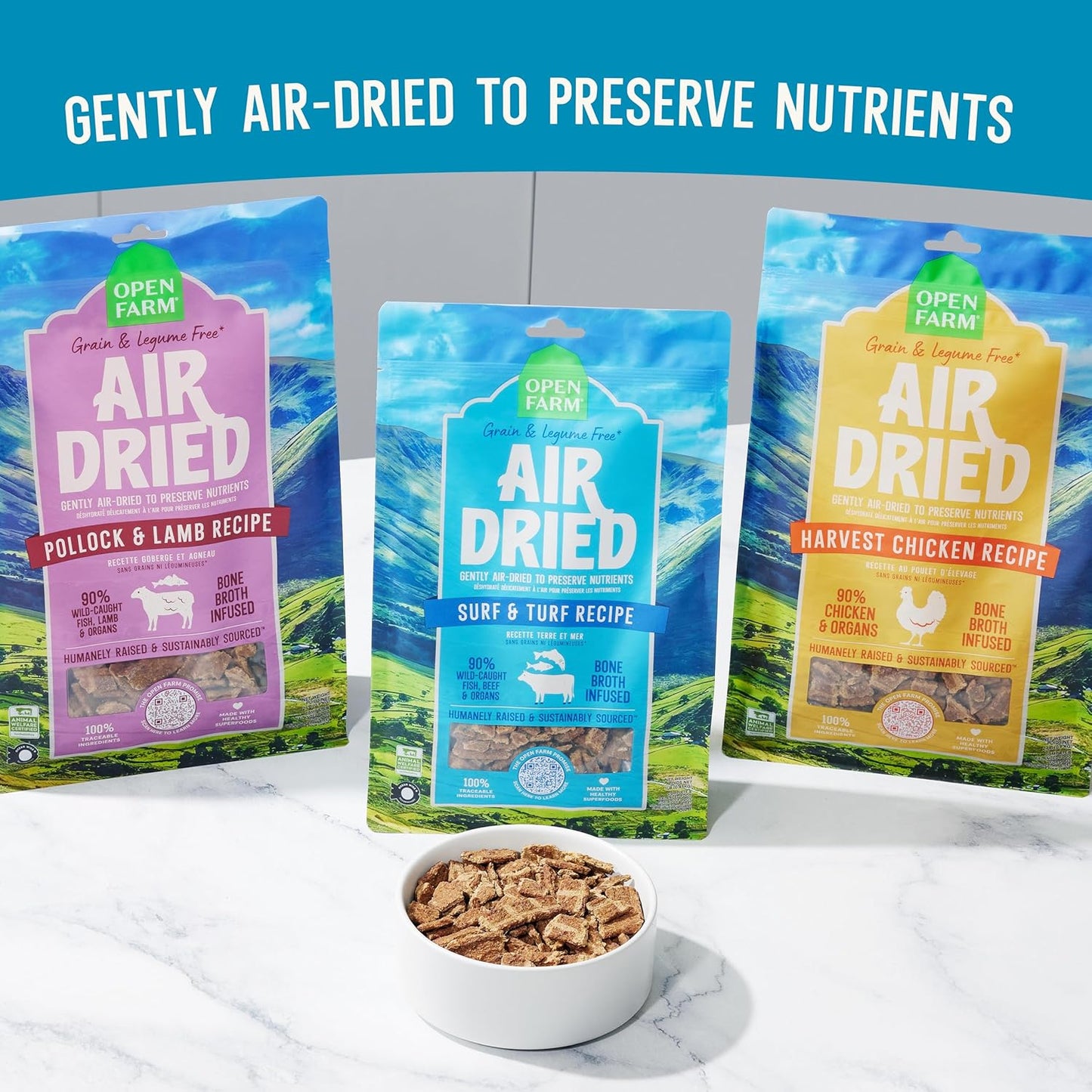 Open Farm, Air Dried Dog Food Infused with Bone Broth, Grain & Legume Free, Complete Meal or Food Topper, Surf & Turf Recipe, 1lb Bag