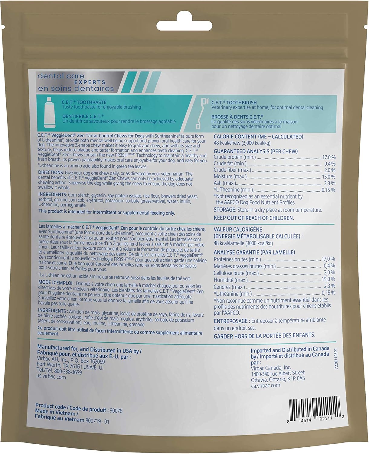 Virbac C.E.T. VEGGIEDENT Zen Tartar Control Chews for Dogs - Small