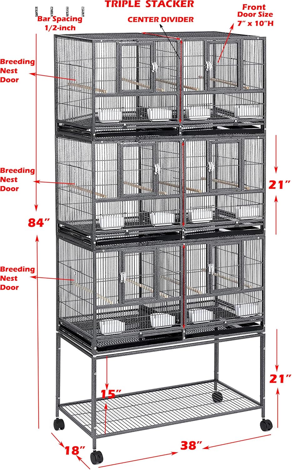Single/Double/Triple Stackable Center Divided Breeder Breeding Bird Flight Double Rolling Cage for Aviaries Canaries Cockatiels Lovebirds Finches Budgies Small Parrots (White, Triple)