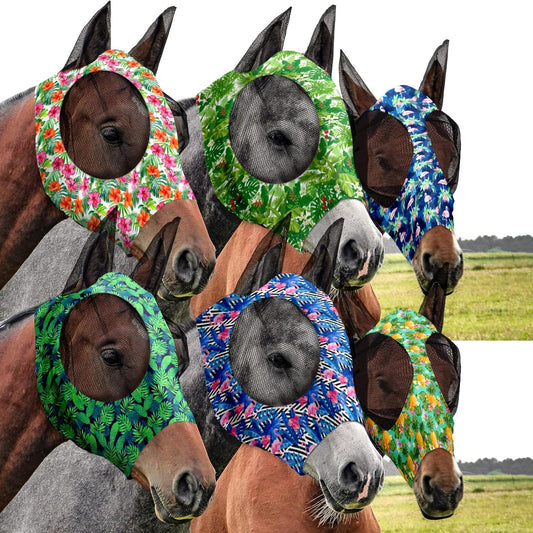 Chunful 6 Pcs Horse Fly Masks with Ears Smooth and Comfortable Cashel Mesh Fly Mask Elasticity Breathability UV Protection Horse Face Covering for Riding Supplies(Flamingo,Large)