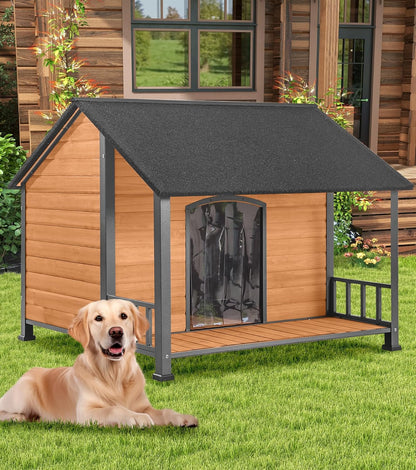 Gutinneen Large Dog House Outdoor with Strength Metal Frame, Outside Dog House with Waterproof Roof, PVC Curtain, Fir Wood Patio, Design for Small & Medium & Large Dogs