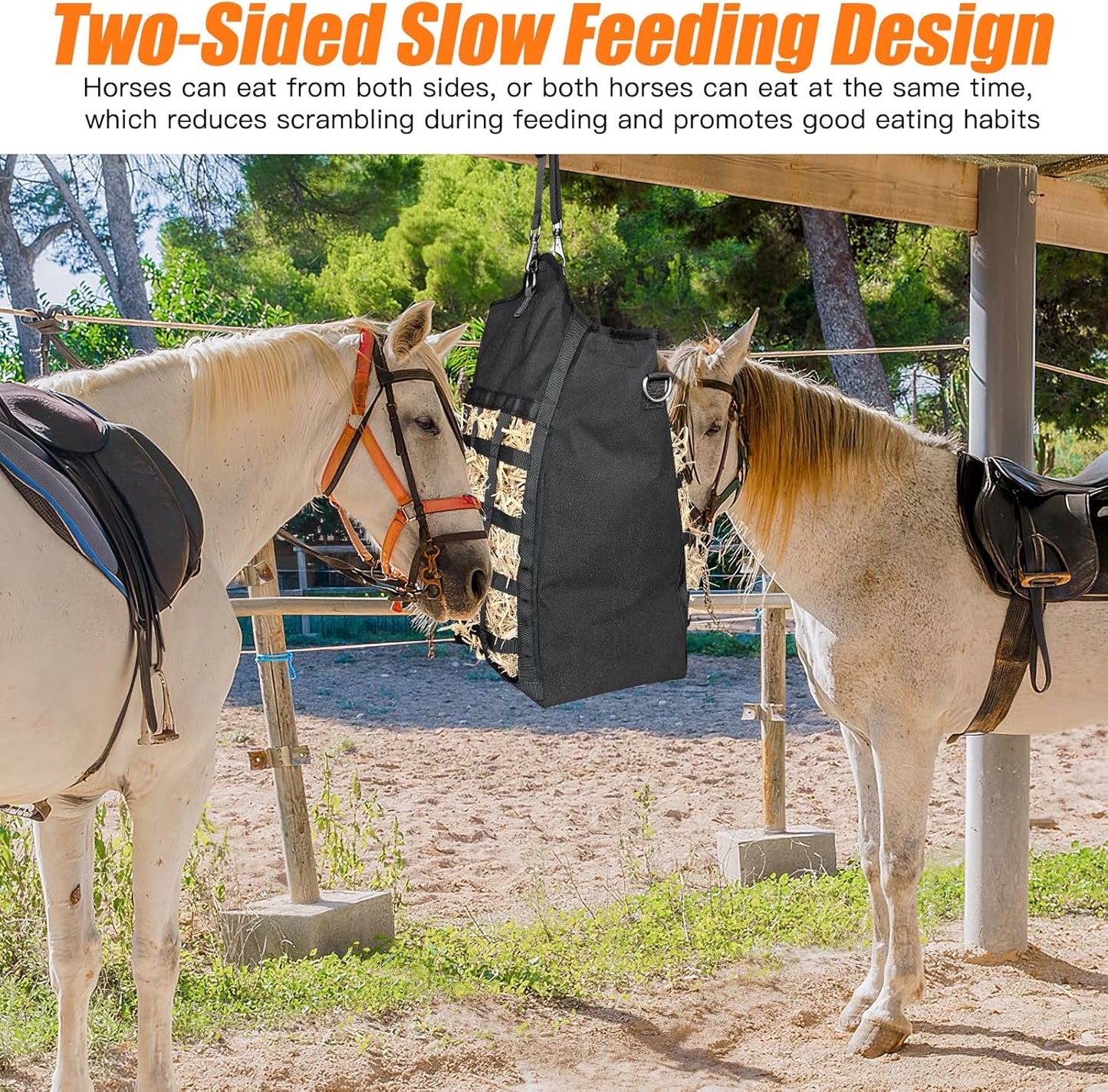 Hay Bags for Horses,Two-Sided Premium Oxford Slow Feed Hay Bags for Goats,Sheep,Donkey,Large Top Opening with Hook-and-Loop Seals,Easy to Hang with Adjustable Strap (Black, Large 1 Pack)