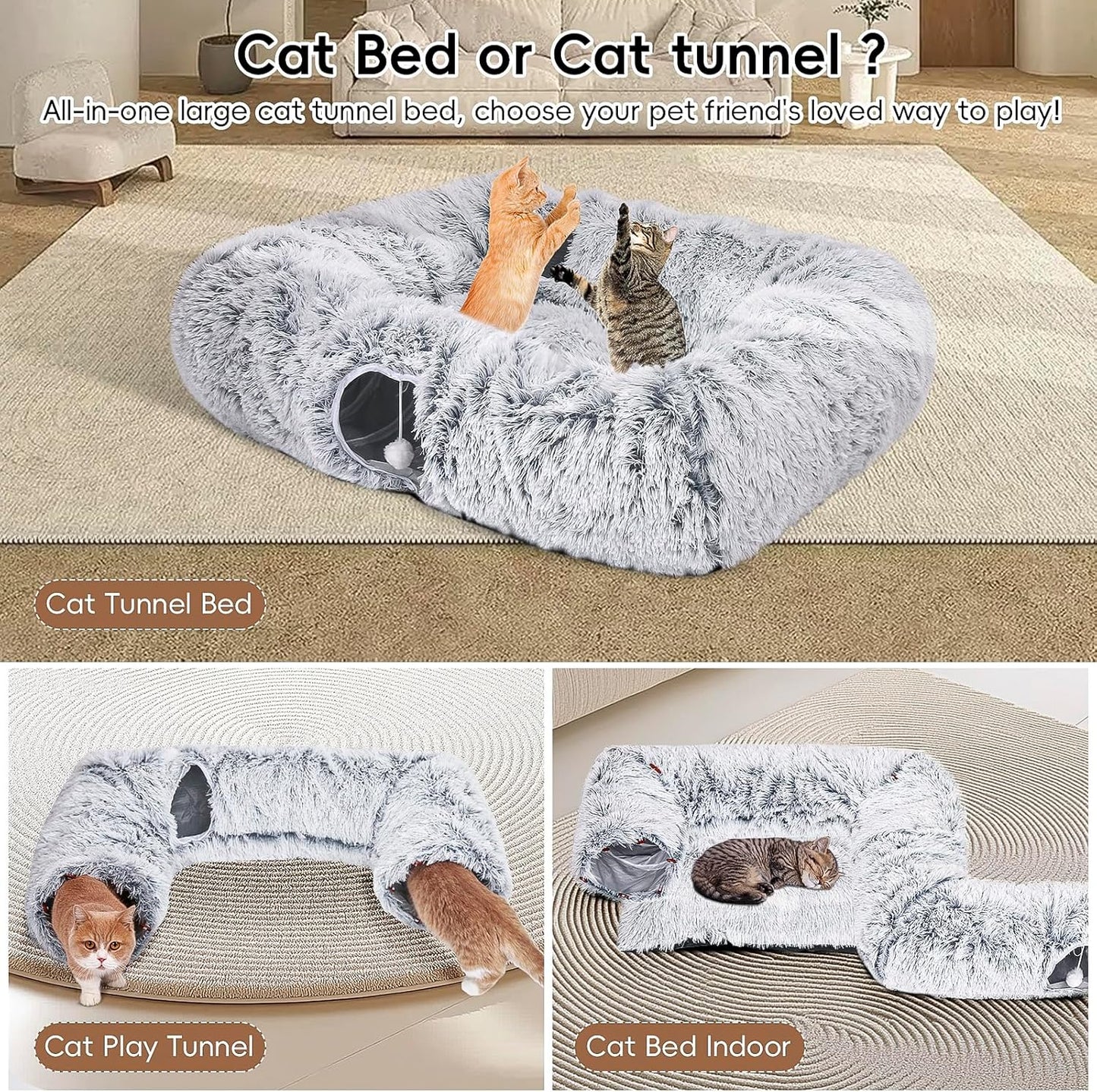 Extra Large Cat Tunnel Bed, 4 Ways Tunnels for Indoor Cats, Multi-cat Family Peekaboo Cave & Cat Bed, Plush Cat Donut with Washable Middle Mat, Exit Balls, Pet Play Toy for Kitten Puppy Rabbit