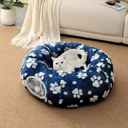 Cat Tunnel for Indoor Cats, Cute Peekaboo Cat Cave with Dangling Balls, Pet Donut Tunnel Bed with Circle Mat for Puppy Kitten Rabbit, Blue Paw