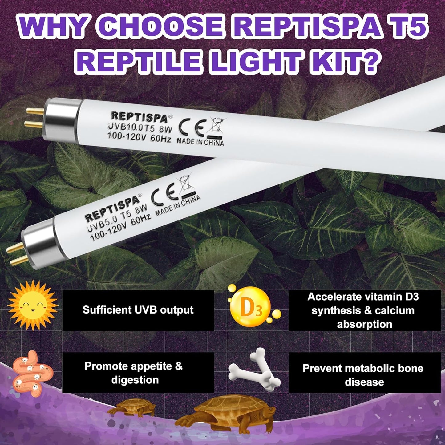 5.0 UVB Light for Reptiles, T5 HO 8 Watt Reptile Lamp Tube, Pack of 2 Fluorescent UVB Bulb, Basking Light for Bearded Dragon, Simulate Natural Sunlight for Reptiles and Amphibians