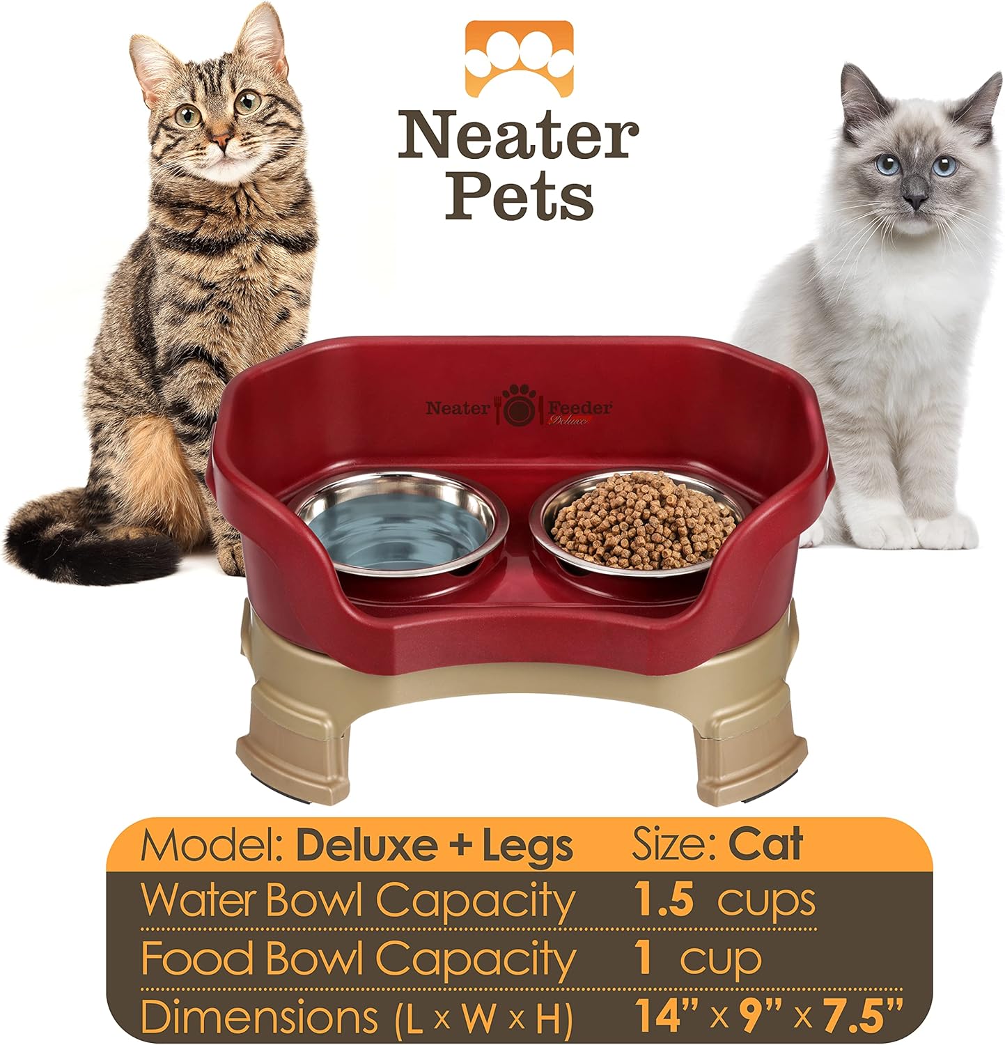 Neater Feeder Deluxe Mess Proof Cat Bowls Elevated for All Breeds – Made in USA – No Spill Raised Cat Bowls for Indoor Cats w/Leg Extensions – Stainless Steel Cat Food and Water Bowl Set - Red