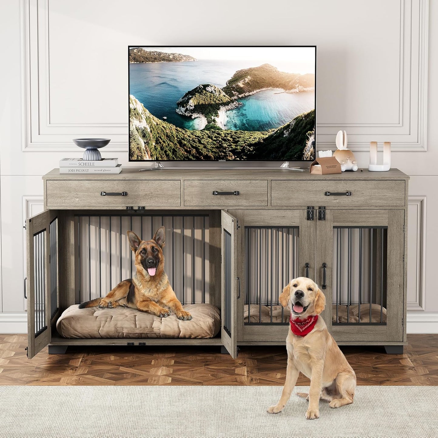71 in Dog Crate Furniture for 2 Dogs, Wooden Double Dog Crate with 3 Drawers and Removable Room Divider, XXL Indoor Dog Kennel TV Stand End Table with Double Doors for Large Medium Dogs, Grey