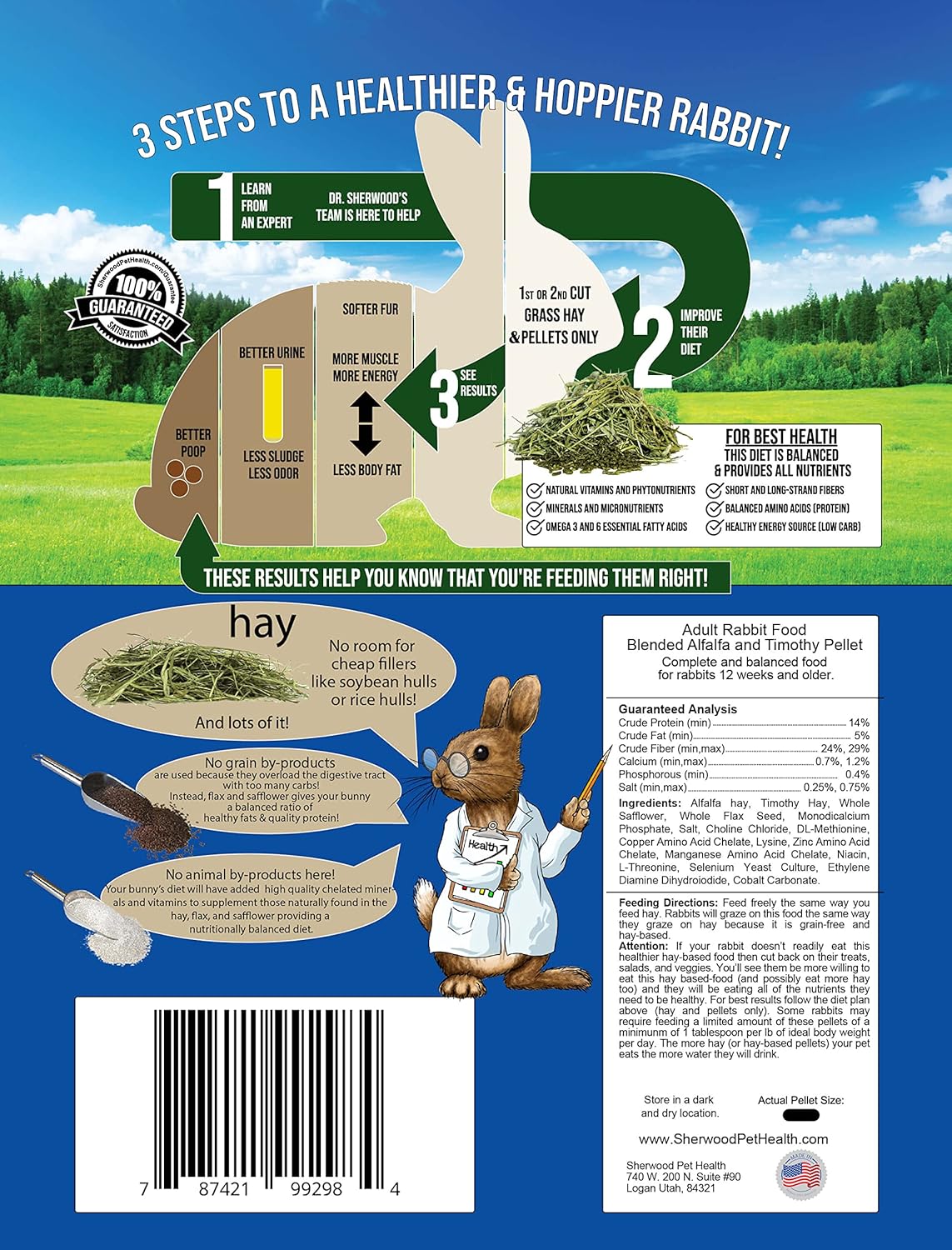 Sherwood Pet Health Adult Rabbit Food Alfalfa Timothy Hay-Based Blend 20 lbs, Grain and Soy-Free for Better Digestion